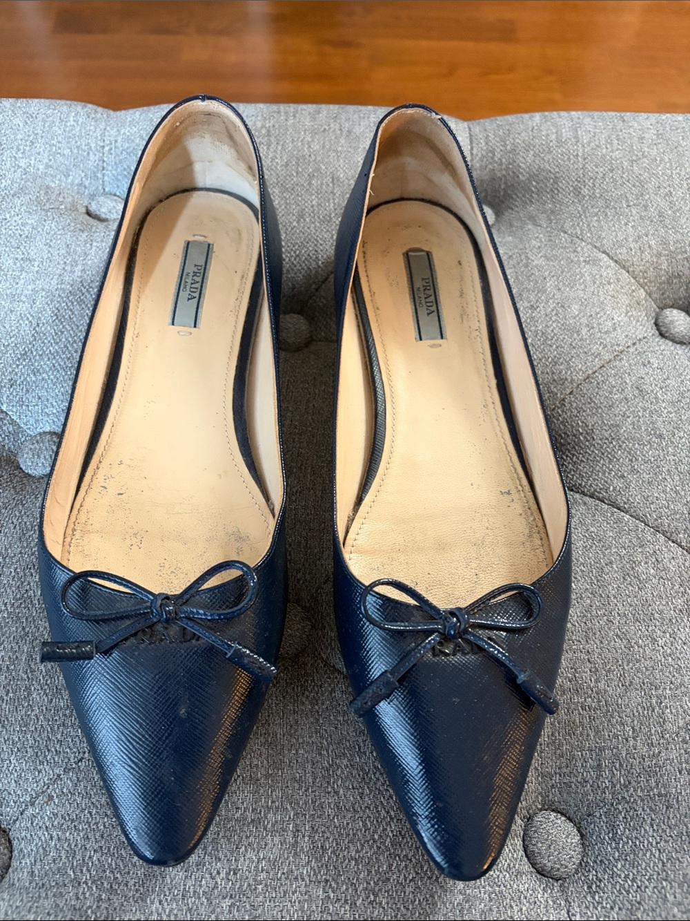 Prada Navy Textured Pointed Toe Bow Flats - Picture 2 of 5